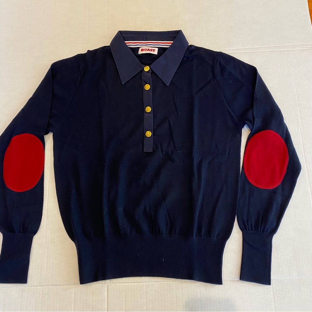 Boast navy blue long sleeve 3 button sweater red elbow patches cotton collar M - Picture 1 of 7